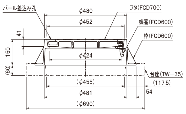 鋳鉄製防護ふた　φ350用の図面